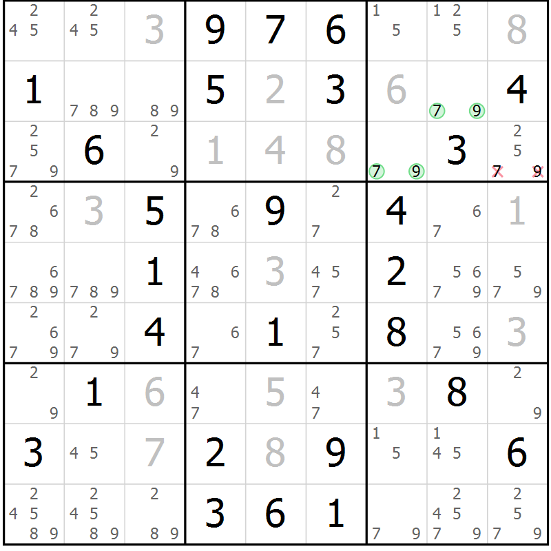 Position des candidats pour la solution de la Gr 58 page 61 du magazine de sudoku Virtuose n° 111