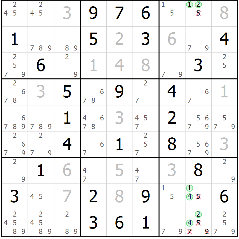 Position des candidats pour la solution de la Gr 58 page 61 du magazine de sudoku Virtuose n° 111