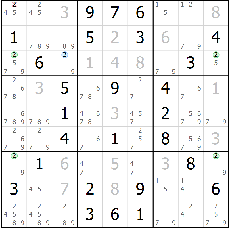 Position des candidats pour la solution de la Gr 58 page 61 du magazine de sudoku Virtuose n° 111