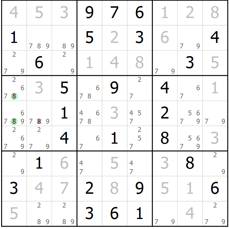 Position des candidats pour la solution de la Gr 58 page 61 du magazine de sudoku Virtuose n° 111