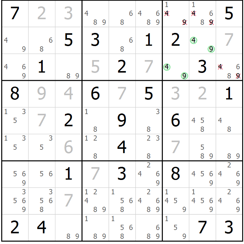 Position des candidats pour la solution de la Gr 59 page 62 du magazine de sudoku Virtuose n° 111
