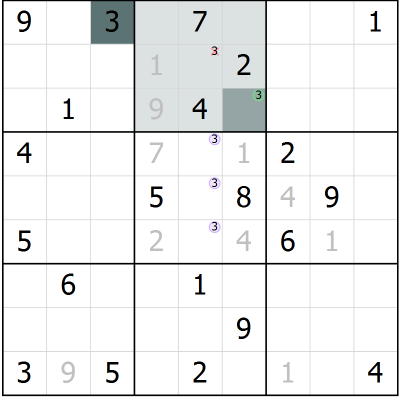 Position des candidats pour la solution de la Gr 6 page 9 du magazine de sudoku Virtuose n° 111