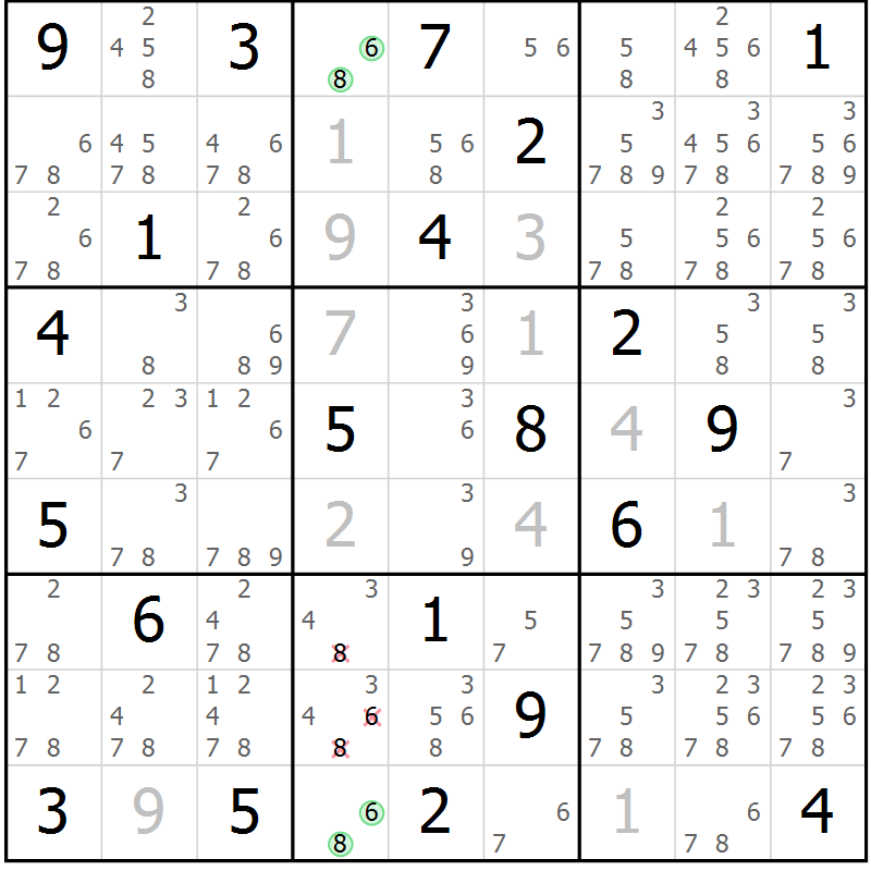 Position des candidats pour la solution de la Gr 6 page 9 du magazine de sudoku Virtuose n° 111