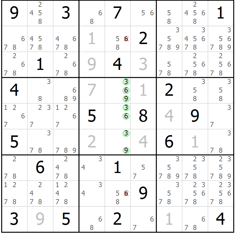 Position des candidats pour la solution de la Gr 6 page 9 du magazine de sudoku Virtuose n° 111