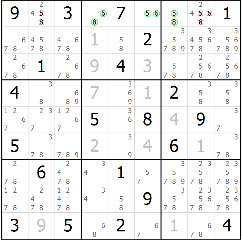 Position des candidats pour la solution de la Gr 6 page 9 du magazine de sudoku Virtuose n° 111