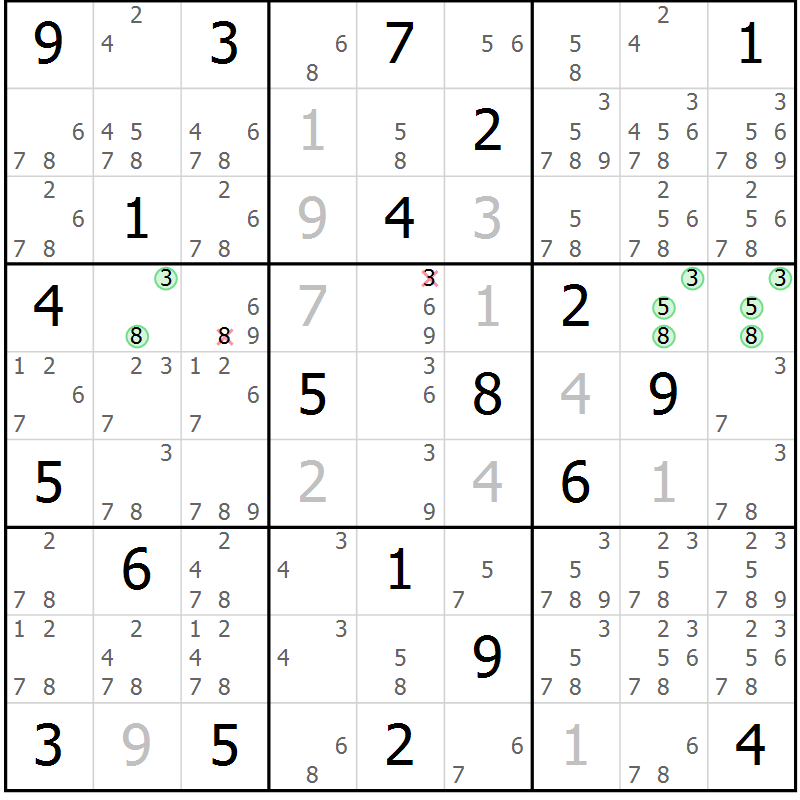 Position des candidats pour la solution de la Gr 6 page 9 du magazine de sudoku Virtuose n° 111