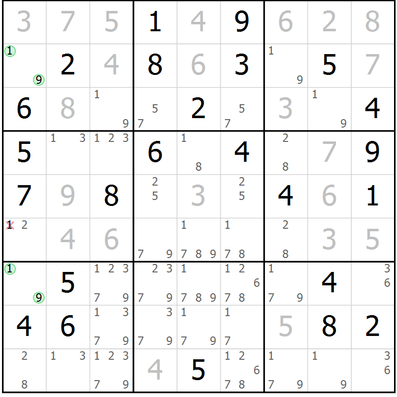 Position des candidats pour la solution de la Gr 60 page 63 du magazine de sudoku Virtuose n° 111