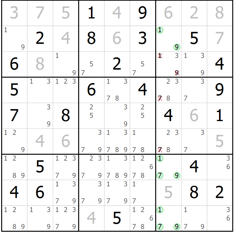 Position des candidats pour la solution de la Gr 60 page 63 du magazine de sudoku Virtuose n° 111
