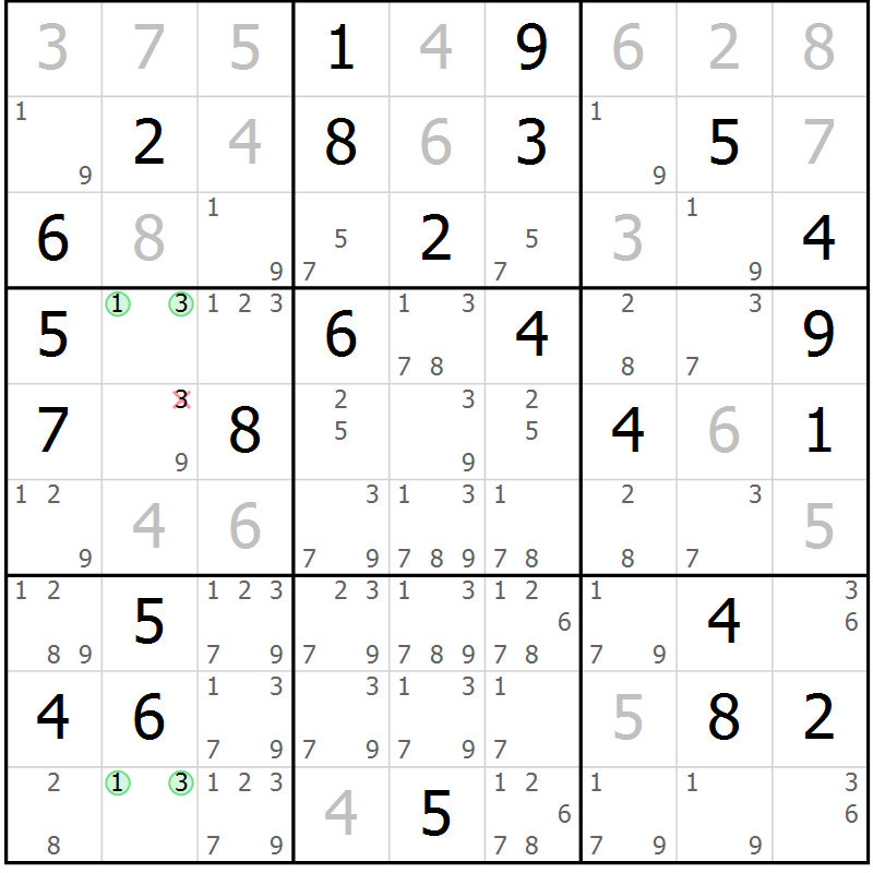 Position des candidats pour la solution de la Gr 60 page 63 du magazine de sudoku Virtuose n° 111