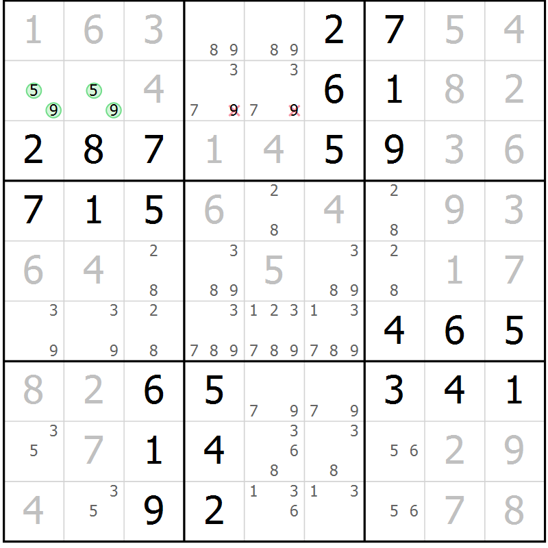 Position des candidats pour la solution de la Gr 61 page 64 du magazine de sudoku Virtuose n° 111