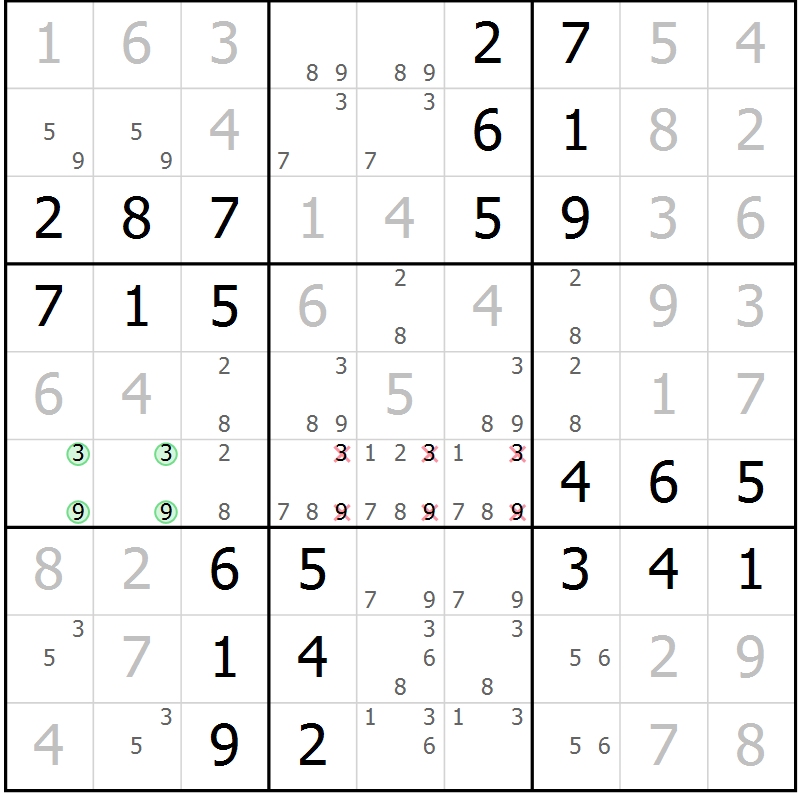 Position des candidats pour la solution de la Gr 61 page 64 du magazine de sudoku Virtuose n° 111