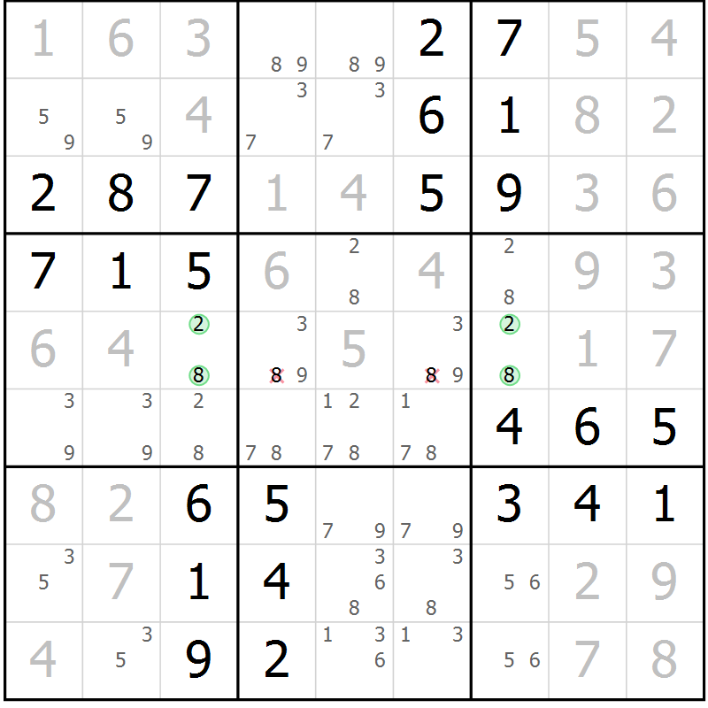 Position des candidats pour la solution de la Gr 61 page 64 du magazine de sudoku Virtuose n° 111