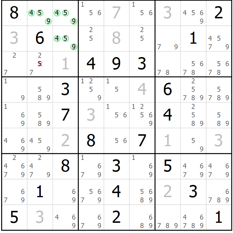Position des candidats pour la solution de la Gr 62 page 65 du magazine de sudoku Virtuose n° 111