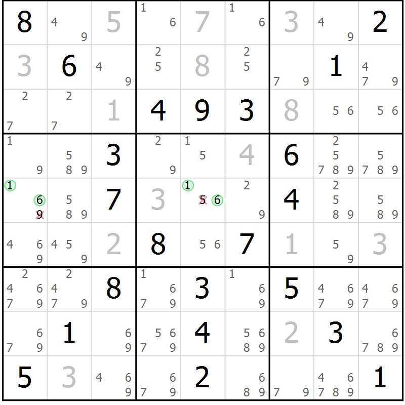 Position des candidats pour la solution de la Gr 62 page 65 du magazine de sudoku Virtuose n° 111