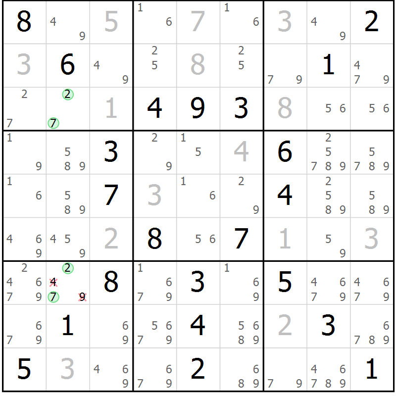 Position des candidats pour la solution de la Gr 62 page 65 du magazine de sudoku Virtuose n° 111