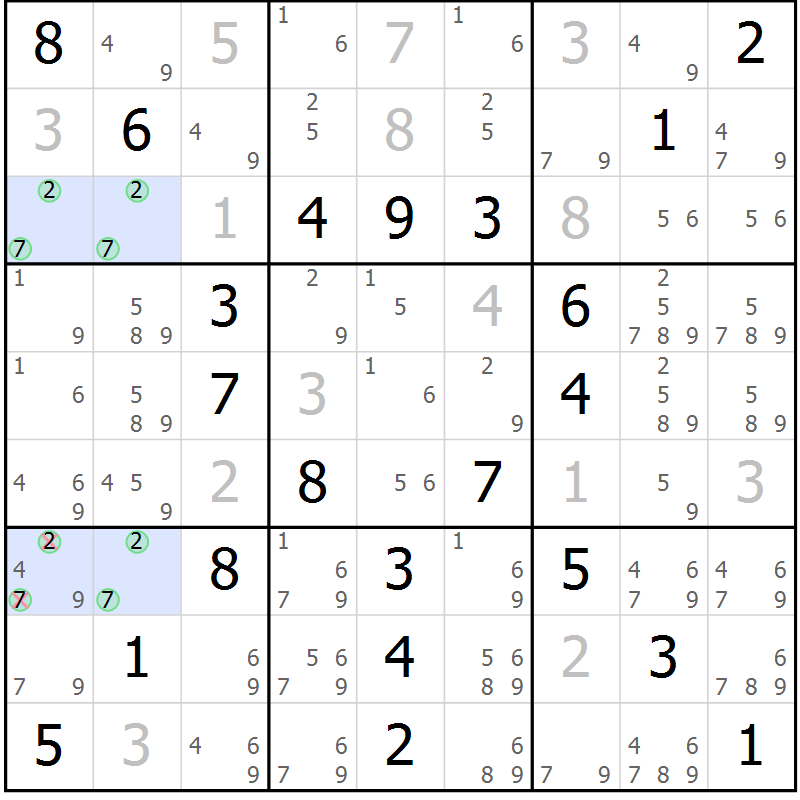 Position des candidats pour la solution de la Gr 62 page 65 du magazine de sudoku Virtuose n° 111