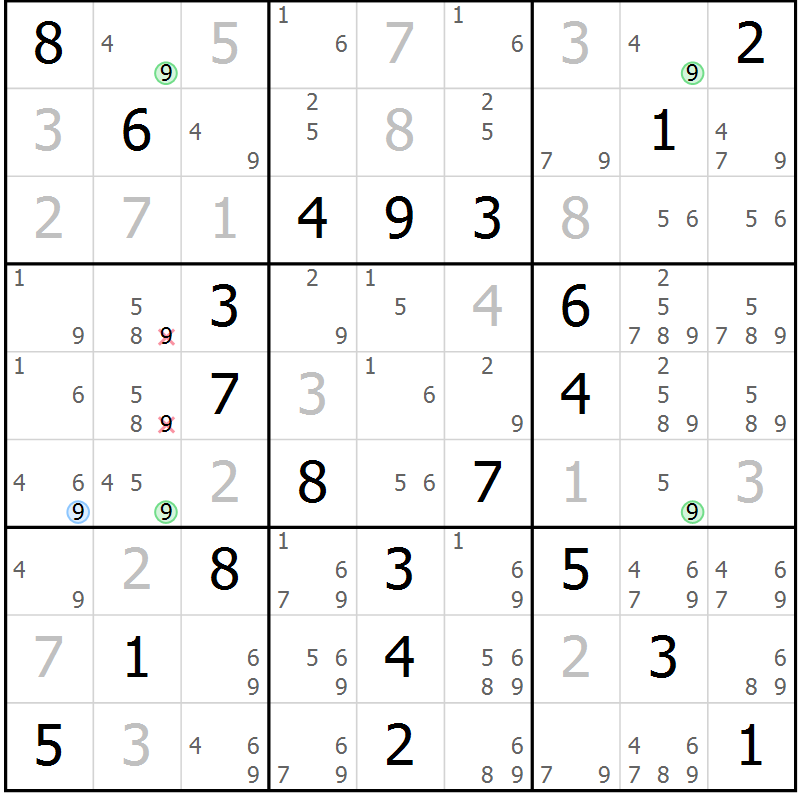Position des candidats pour la solution de la Gr 62 page 65 du magazine de sudoku Virtuose n° 111