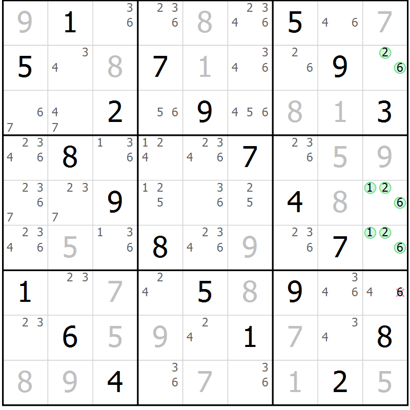 Position des candidats pour la solution de la Gr 63 page 66 du magazine de sudoku Virtuose n° 111
