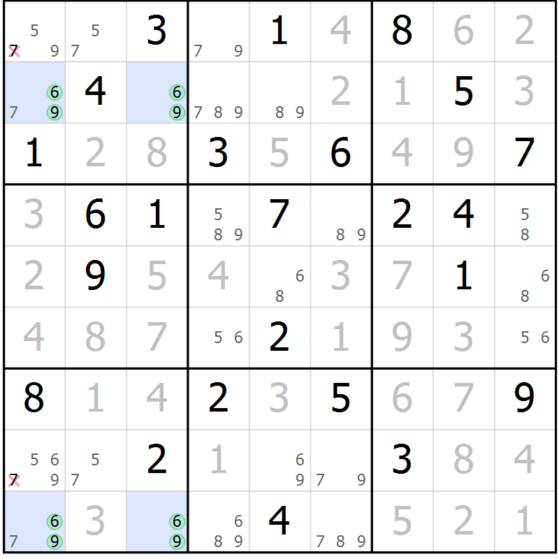 Position des candidats pour la solution de la Gr 65 page 68 du magazine de sudoku Virtuose n° 111