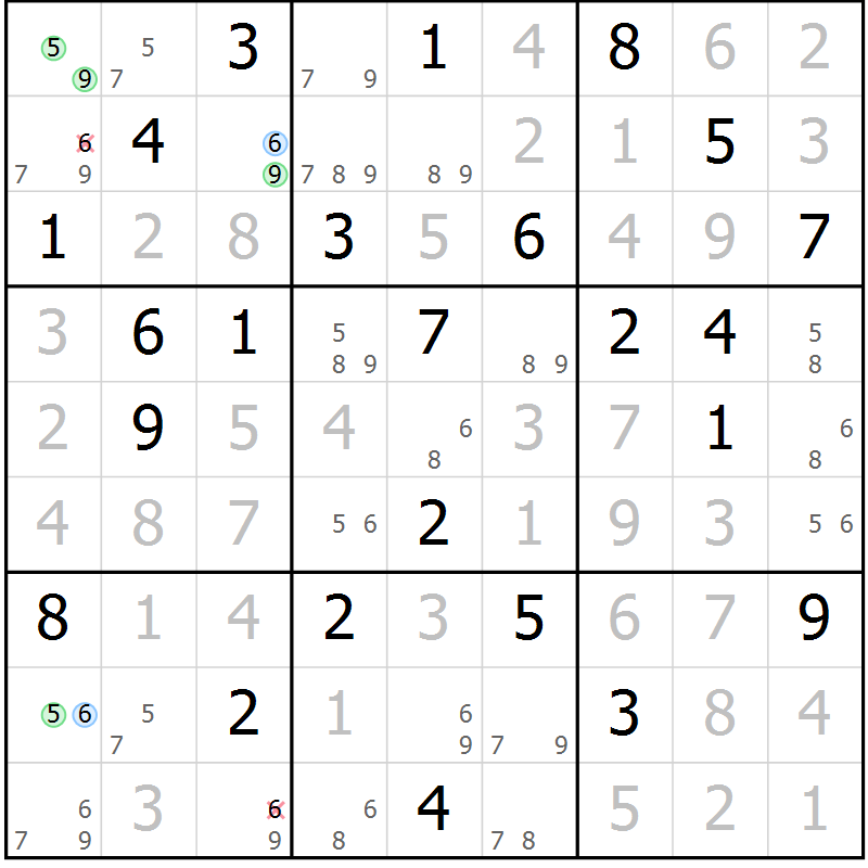 Position des candidats pour la solution de la Gr 65 page 68 du magazine de sudoku Virtuose n° 111