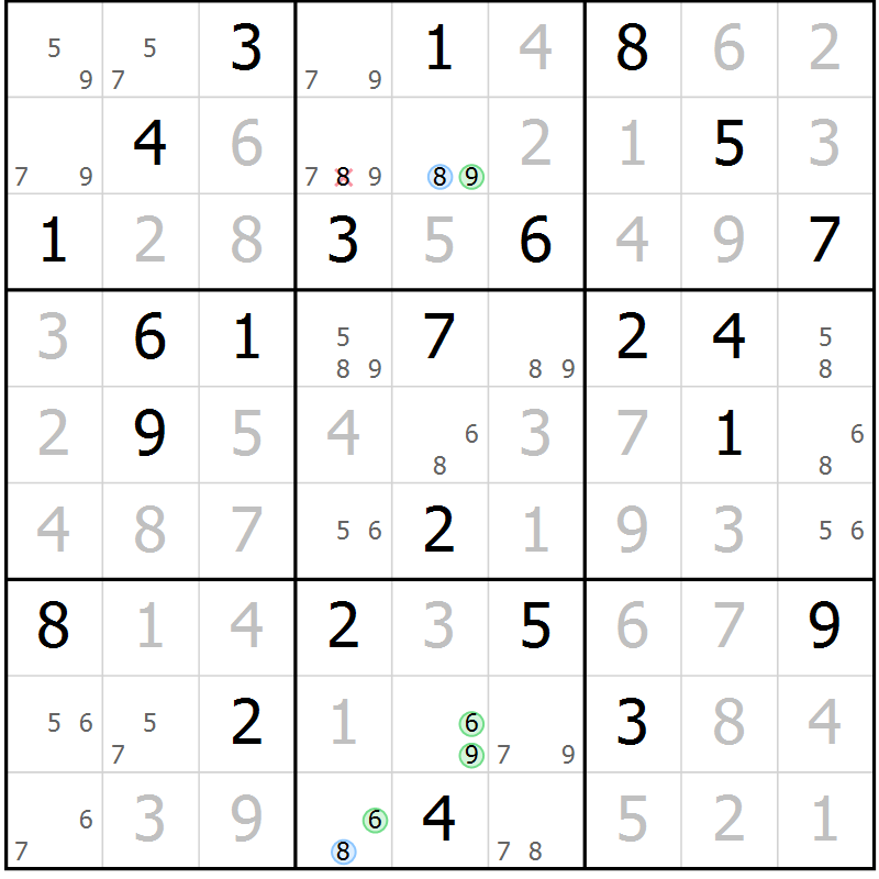 Position des candidats pour la solution de la Gr 65 page 68 du magazine de sudoku Virtuose n° 111