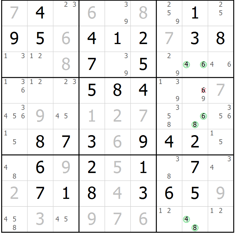 Position des candidats pour la solution de la Gr 68 page 71 du magazine de sudoku Virtuose n° 111