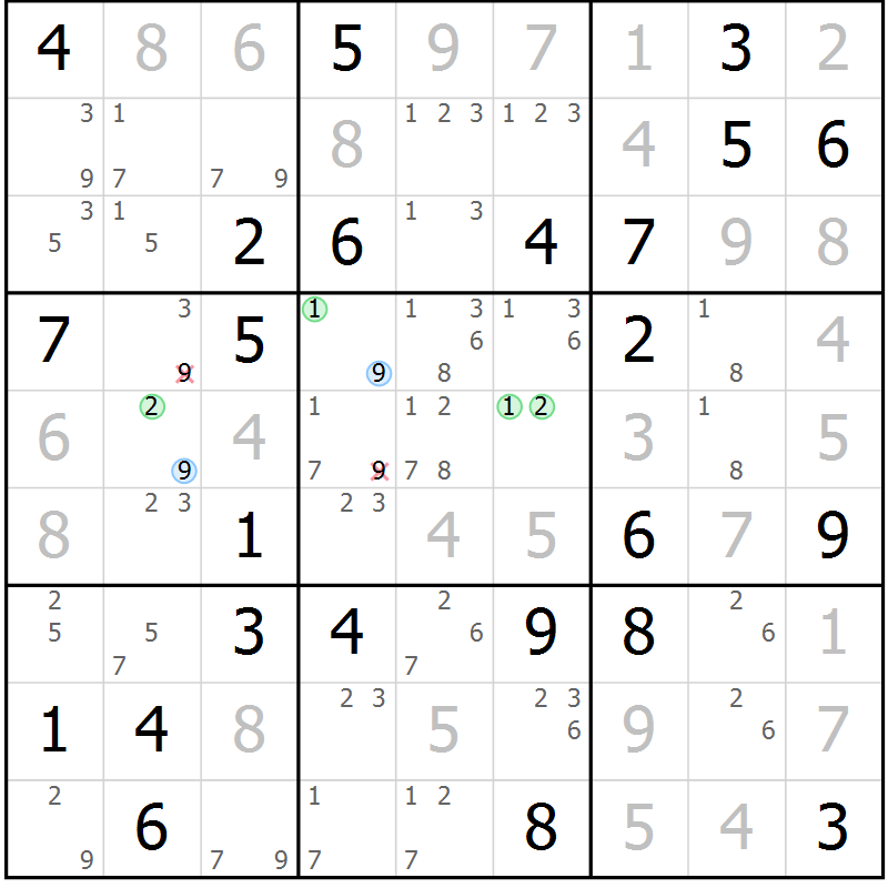 Position des candidats pour la solution de la Gr 69 page 72 du magazine de sudoku Virtuose n° 111