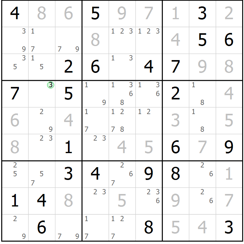Position des candidats pour la solution de la Gr 69 page 72 du magazine de sudoku Virtuose n° 111