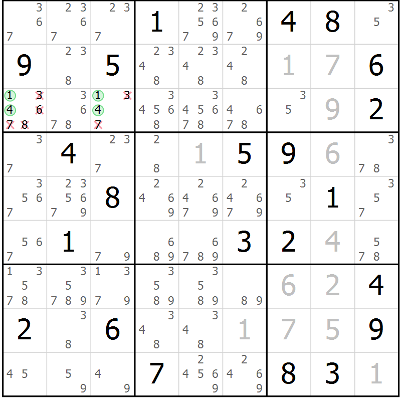 Position des candidats pour la solution de la Gr 7 page 10 du magazine de sudoku Virtuose n° 111