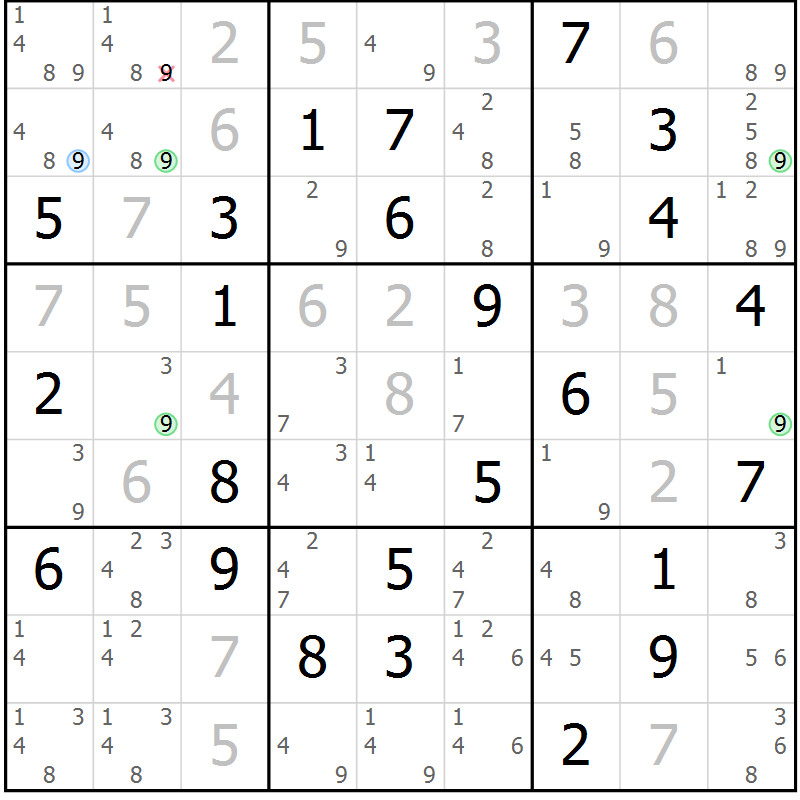 Position des candidats pour la solution de la Gr 71 page 74 du magazine de sudoku Virtuose n° 111