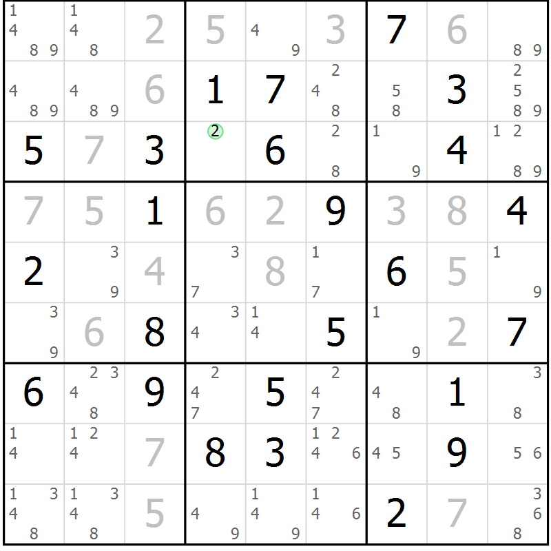 Position des candidats pour la solution de la Gr 71 page 74 du magazine de sudoku Virtuose n° 111