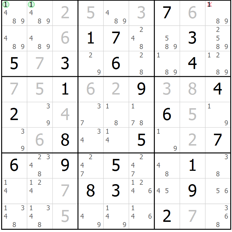 Position des candidats pour la solution de la Gr 71 page 74 du magazine de sudoku Virtuose n° 111