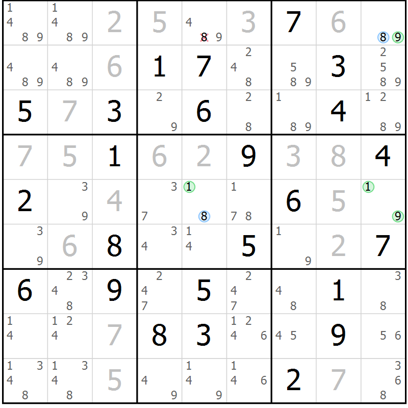 Position des candidats pour la solution de la Gr 71 page 74 du magazine de sudoku Virtuose n° 111
