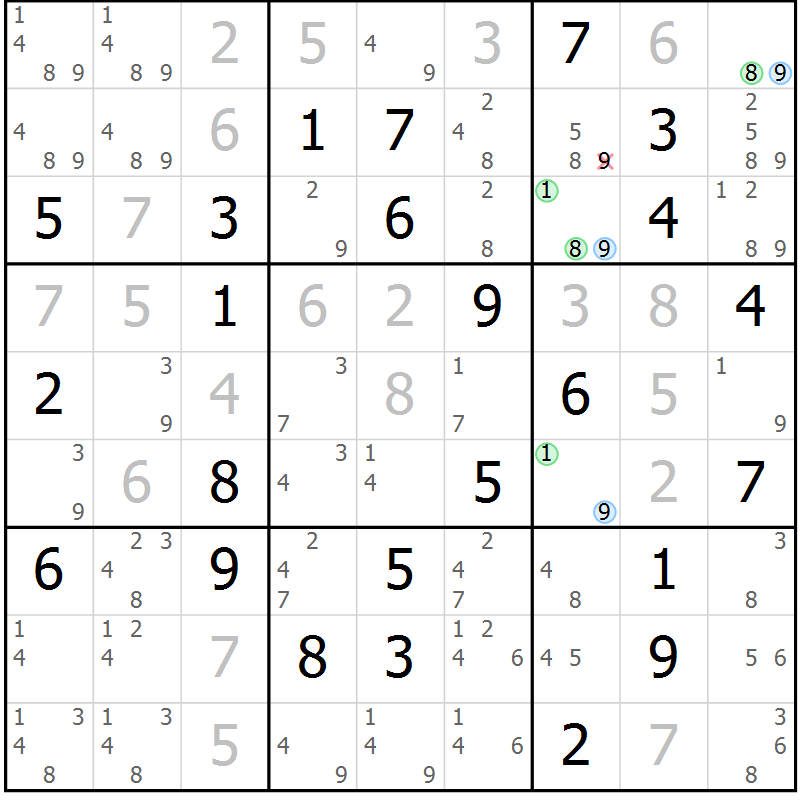 Position des candidats pour la solution de la Gr 71 page 74 du magazine de sudoku Virtuose n° 111
