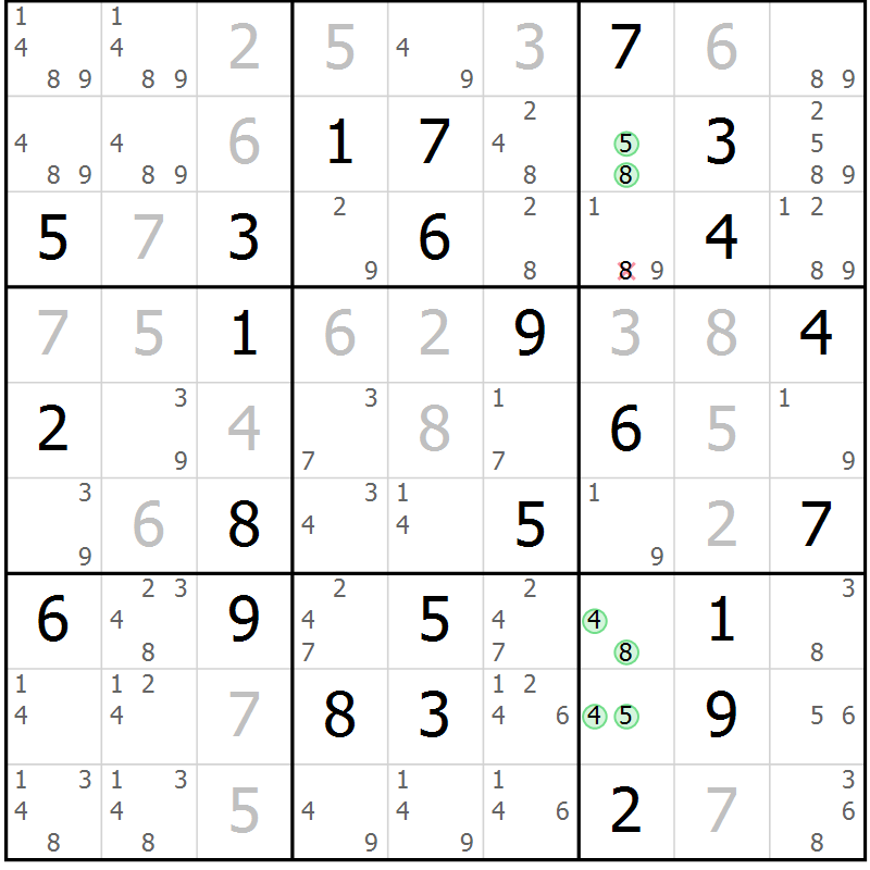 Position des candidats pour la solution de la Gr 71 page 74 du magazine de sudoku Virtuose n° 111