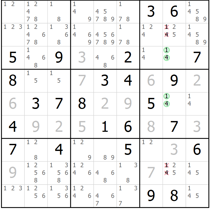 Position des candidats pour la solution de la Gr 72 page 75 du magazine de sudoku Virtuose n° 111