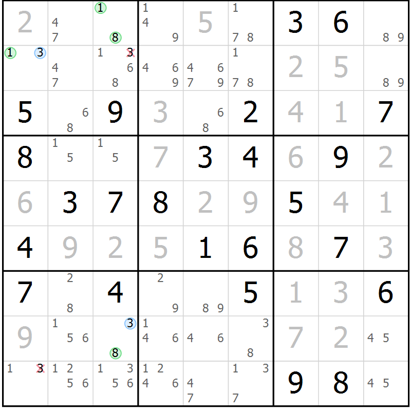 Position des candidats pour la solution de la Gr 72 page 75 du magazine de sudoku Virtuose n° 111