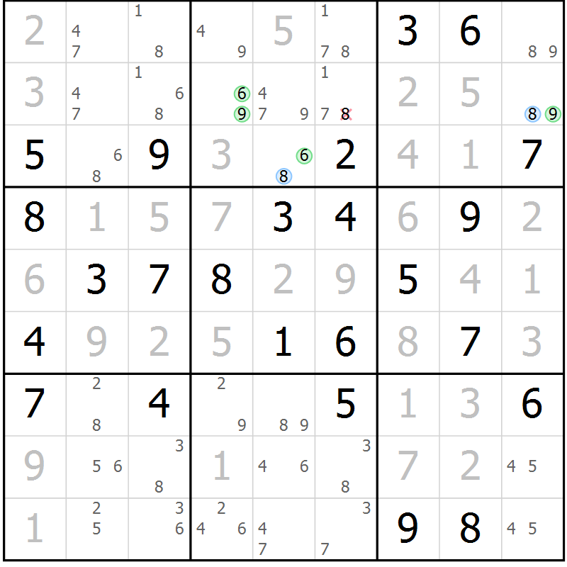 Position des candidats pour la solution de la Gr 72 page 75 du magazine de sudoku Virtuose n° 111