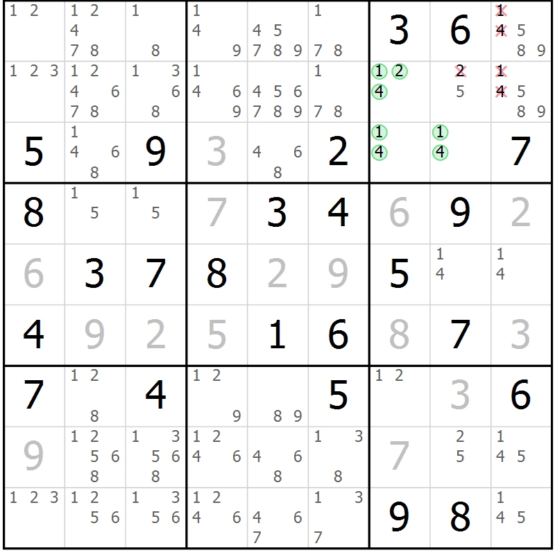 Position des candidats pour la solution de la Gr 72 page 75 du magazine de sudoku Virtuose n° 111