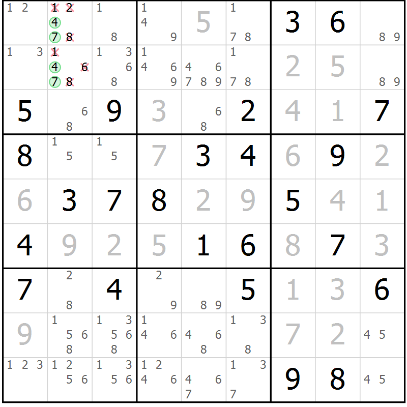 Position des candidats pour la solution de la Gr 72 page 75 du magazine de sudoku Virtuose n° 111