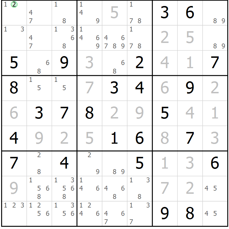 Position des candidats pour la solution de la Gr 72 page 75 du magazine de sudoku Virtuose n° 111