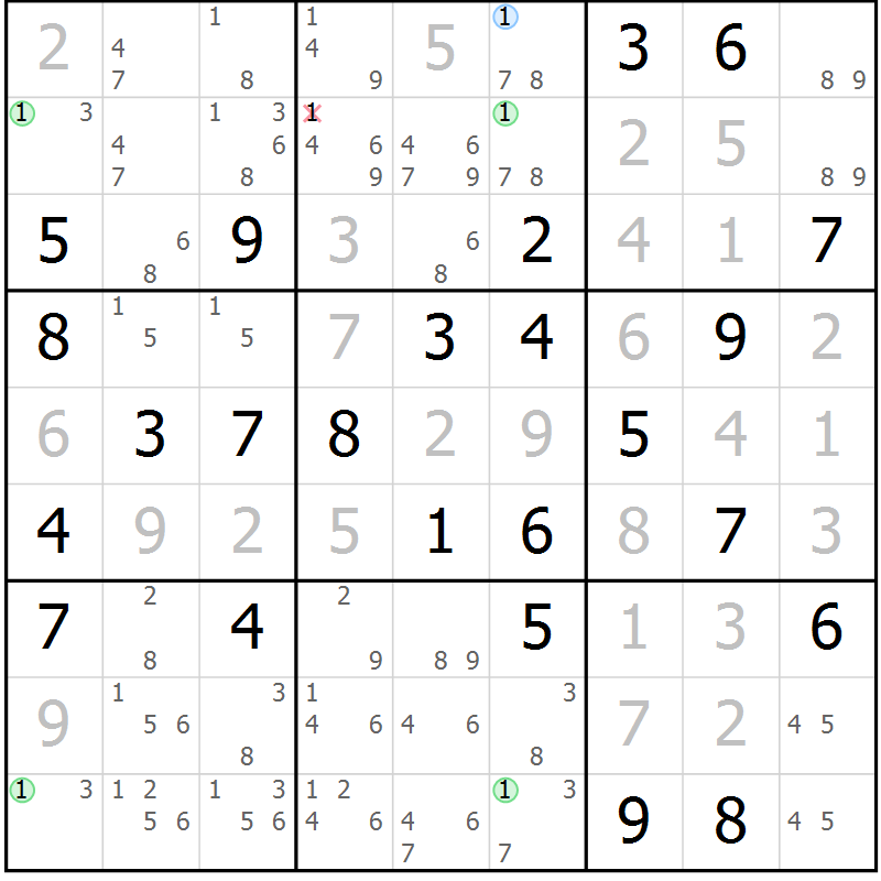 Position des candidats pour la solution de la Gr 72 page 75 du magazine de sudoku Virtuose n° 111