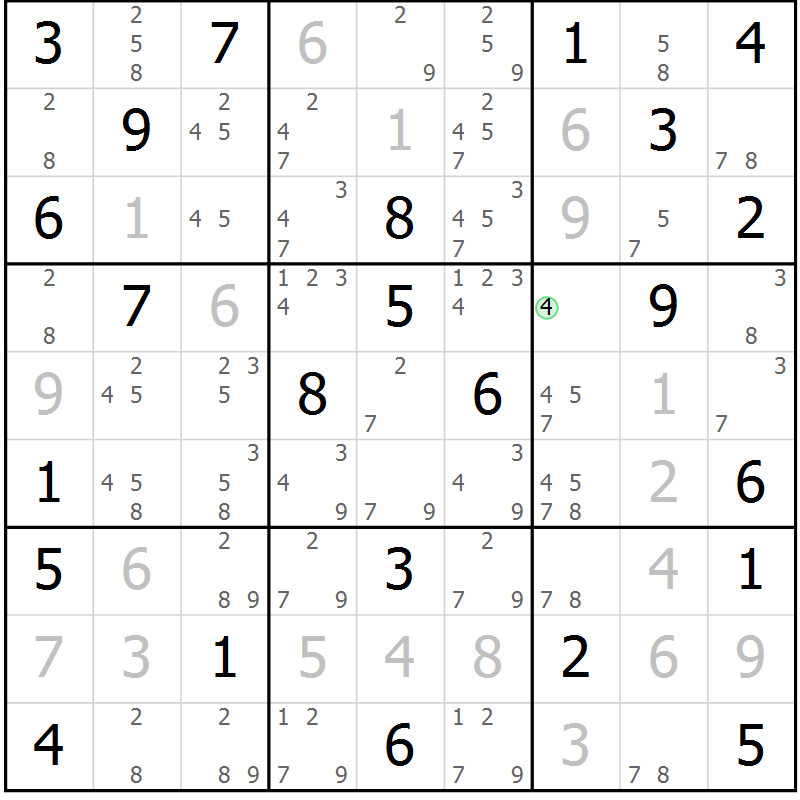 Position des candidats pour la solution de la Gr 74 page 77 du magazine de sudoku Virtuose n° 111
