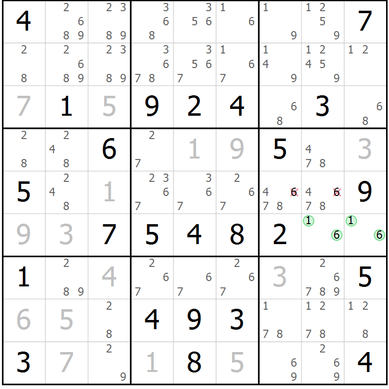 Position des candidats pour la solution de la Gr 77 page 80 du magazine de sudoku Virtuose n° 111