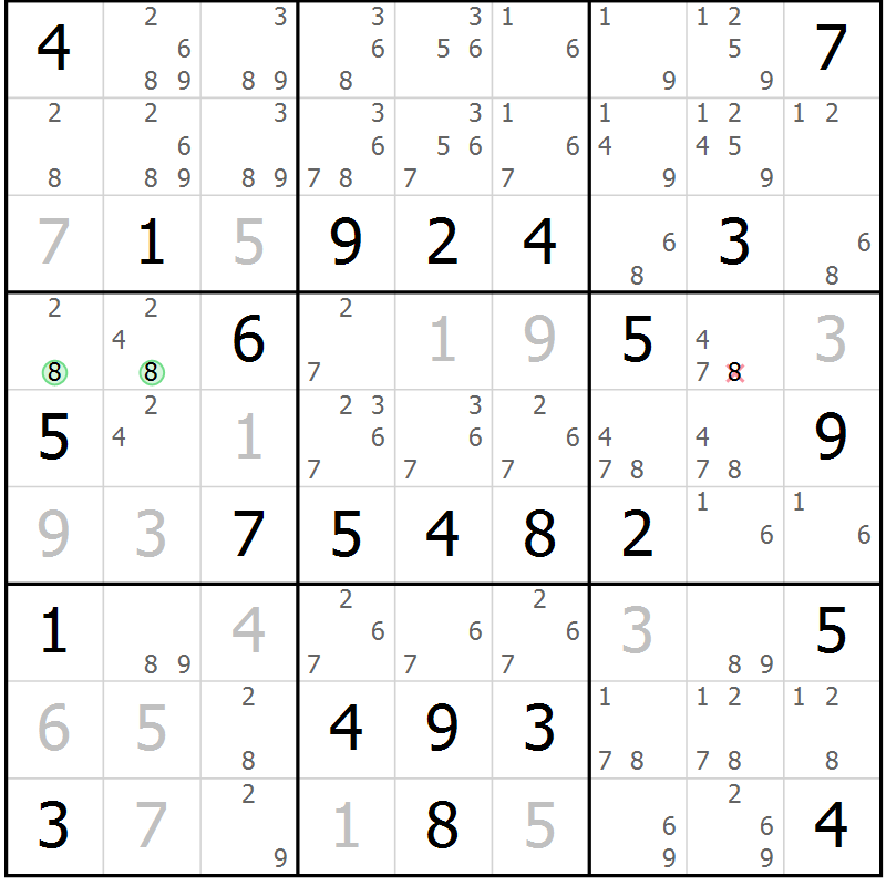 Position des candidats pour la solution de la Gr 77 page 80 du magazine de sudoku Virtuose n° 111