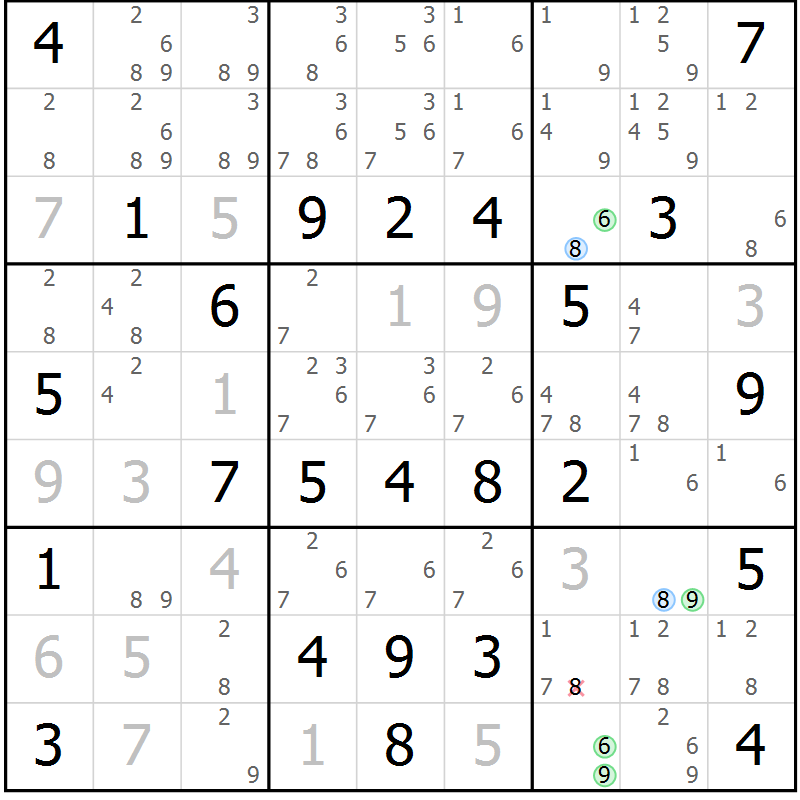 Position des candidats pour la solution de la Gr 77 page 80 du magazine de sudoku Virtuose n° 111
