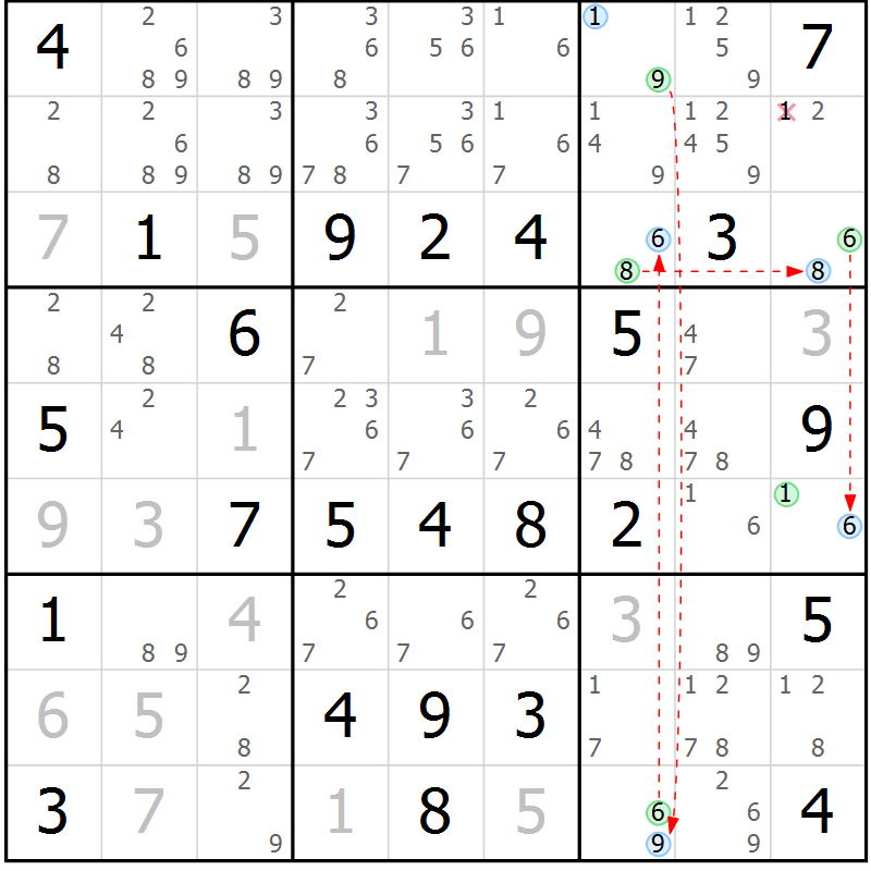 Position des candidats pour la solution de la Gr 77 page 80 du magazine de sudoku Virtuose n° 111
