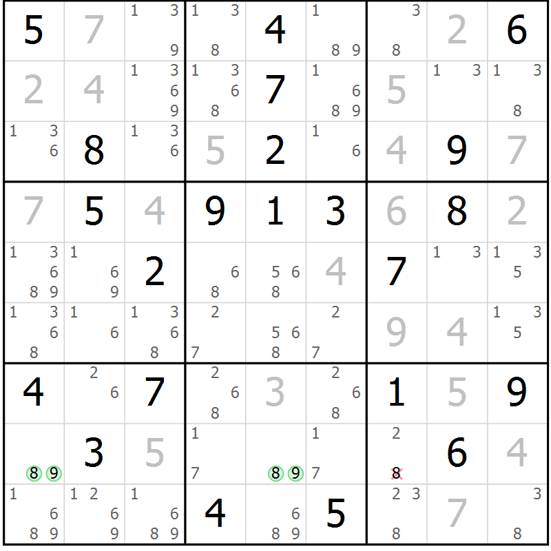 Position des candidats pour la solution de la Gr 8 page 11 du magazine de sudoku Virtuose n° 111