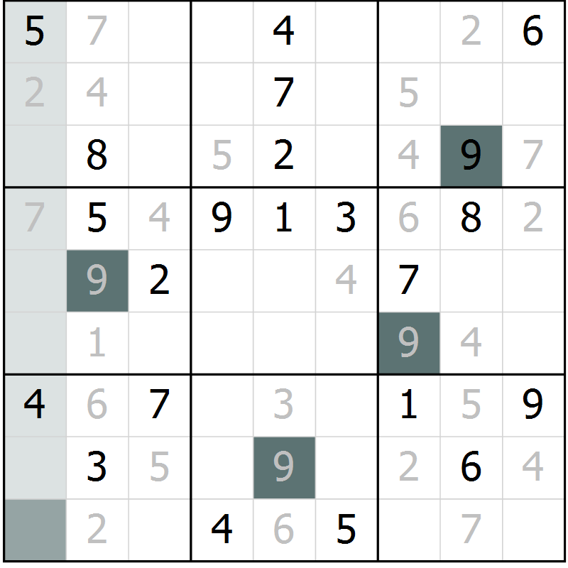 Position des candidats pour la solution de la Gr 8 page 11 du magazine de sudoku Virtuose n° 111