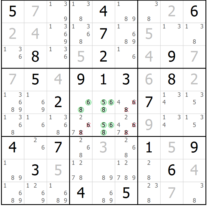 Position des candidats pour la solution de la Gr 8 page 11 du magazine de sudoku Virtuose n° 111